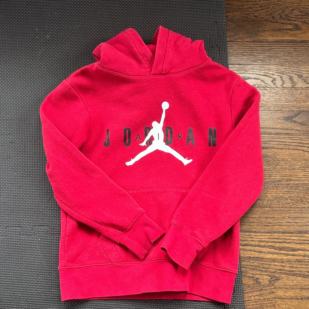 Jordan Red Kids Hoodie with White Jumpman and Black Lettering